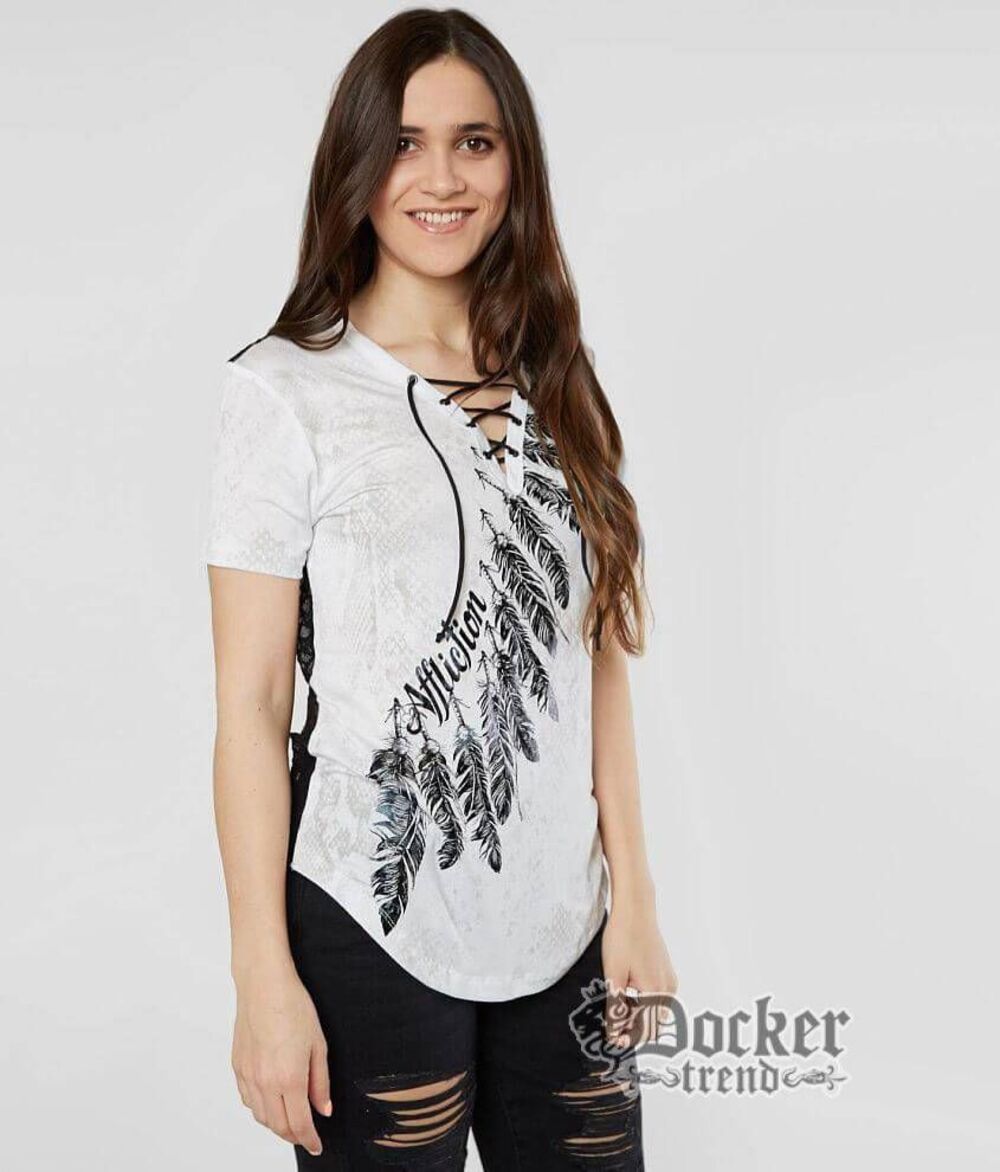 Affliction White Mesh Feather Graphic Tee Medium Moto Biker Alt Emo Punk Grunge